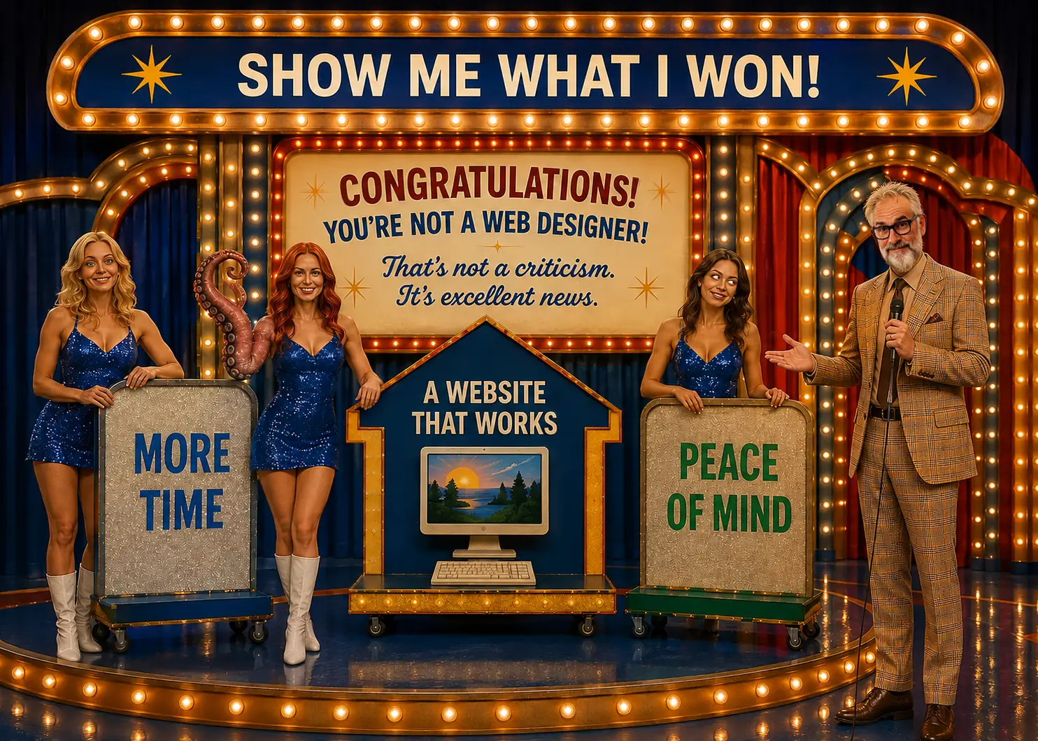 Jim with retro game show prize presenters wheeling out the grand prizes